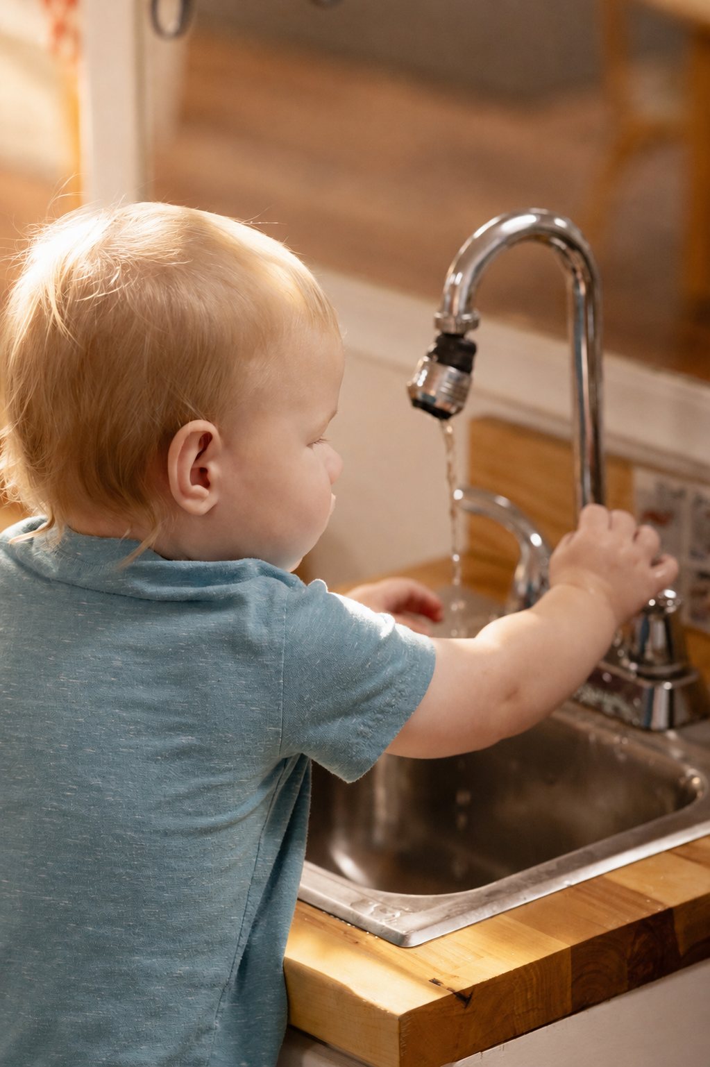 A toddler turning on a tap at the sink