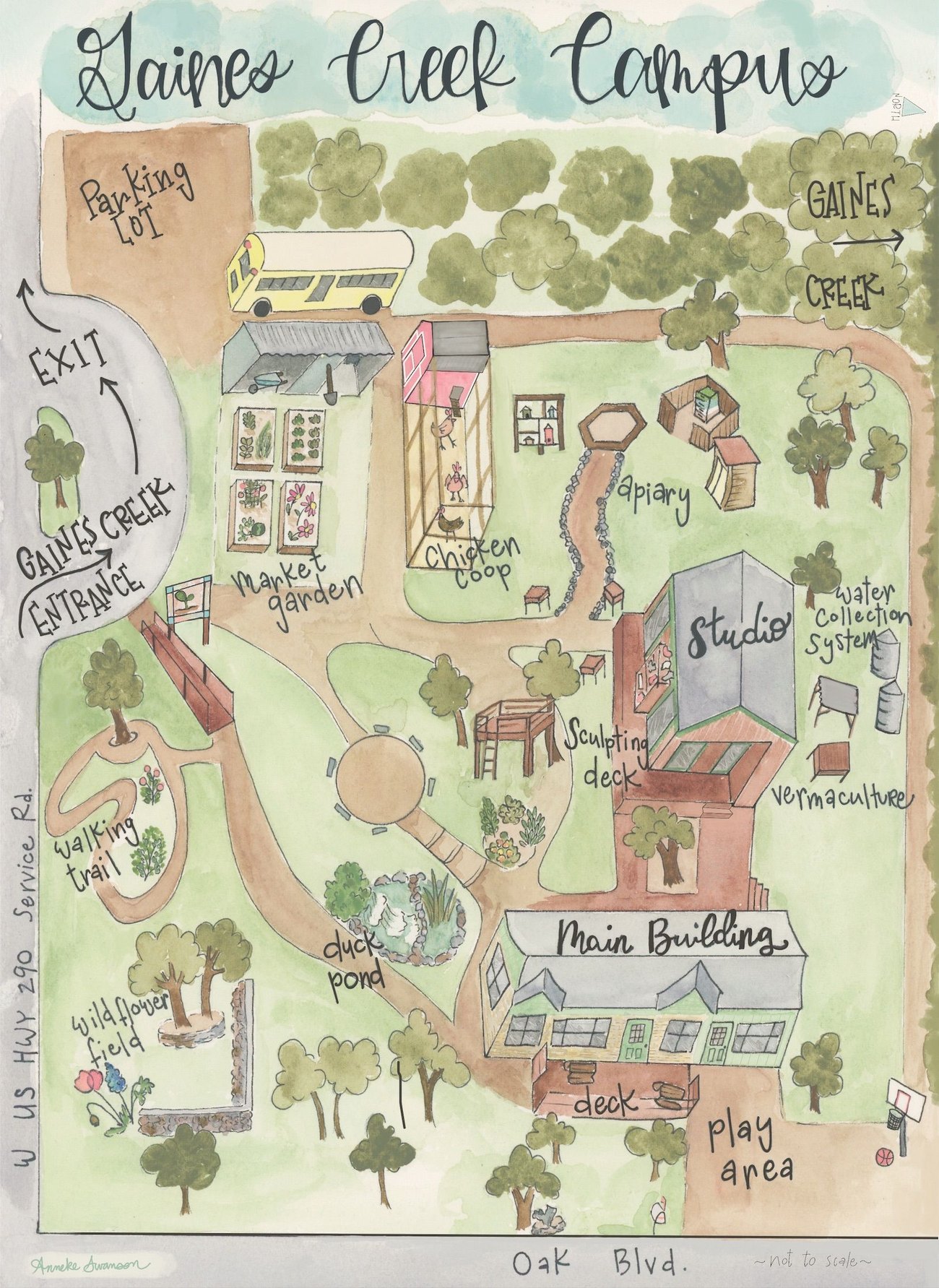 Hand-painted map of Gaines Creek campus