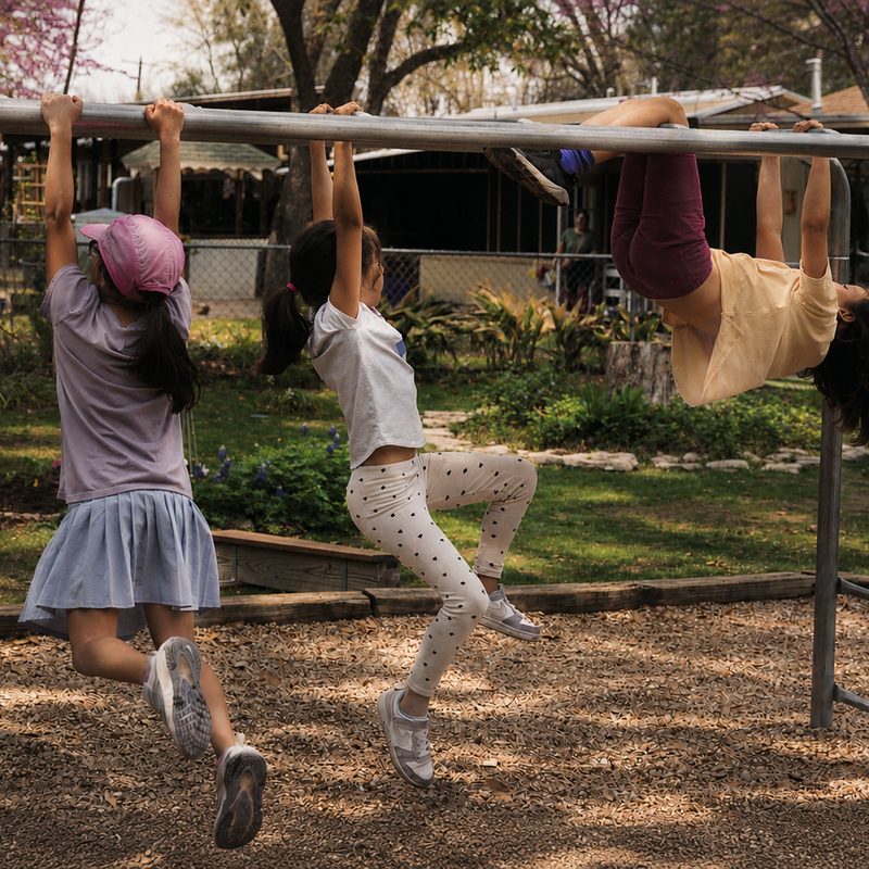 Three children playing on the bars out on the school grounds