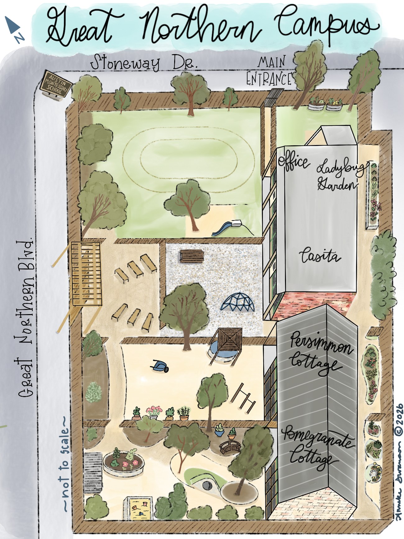 Hand-painted map of the Great Northern campus