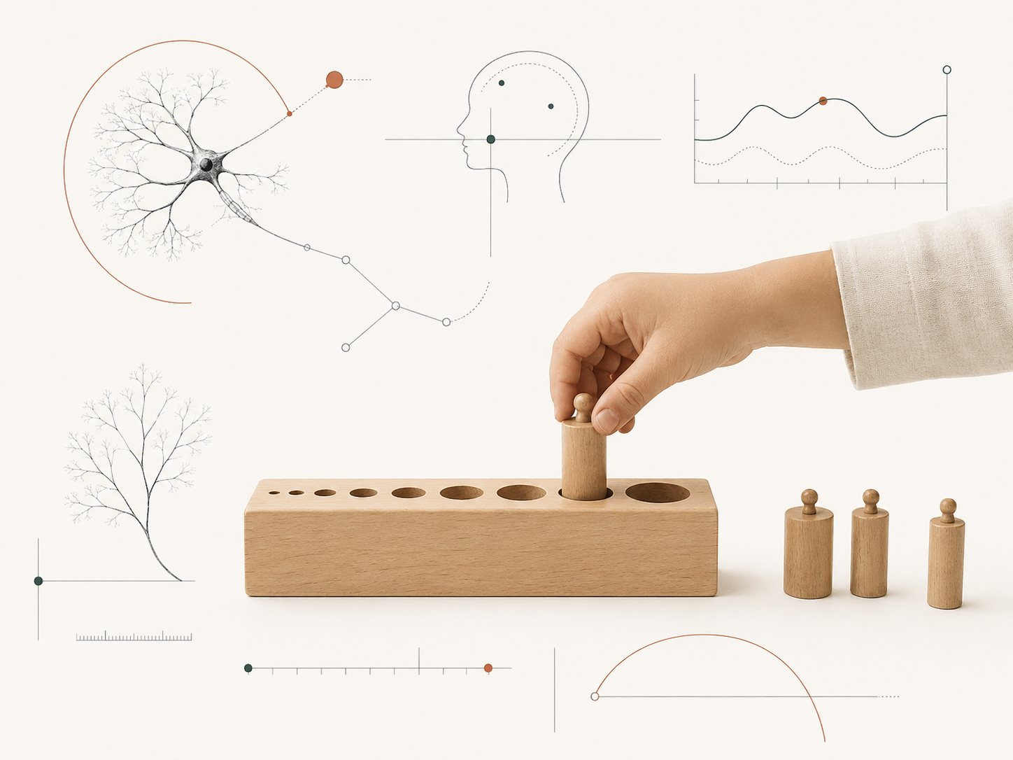 A Montessori knobbed cylinder in a child's hand, surrounded by line-drawn neuron, brain, and graph illustrations.